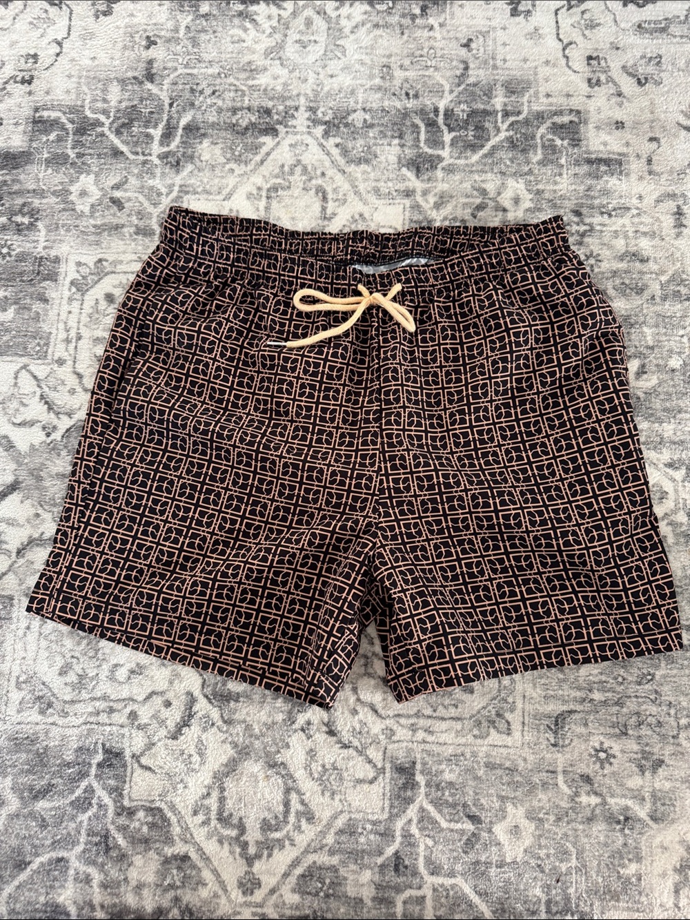 SHEIN Black Shorts with Brown Geometric Print and Beige Drawstring